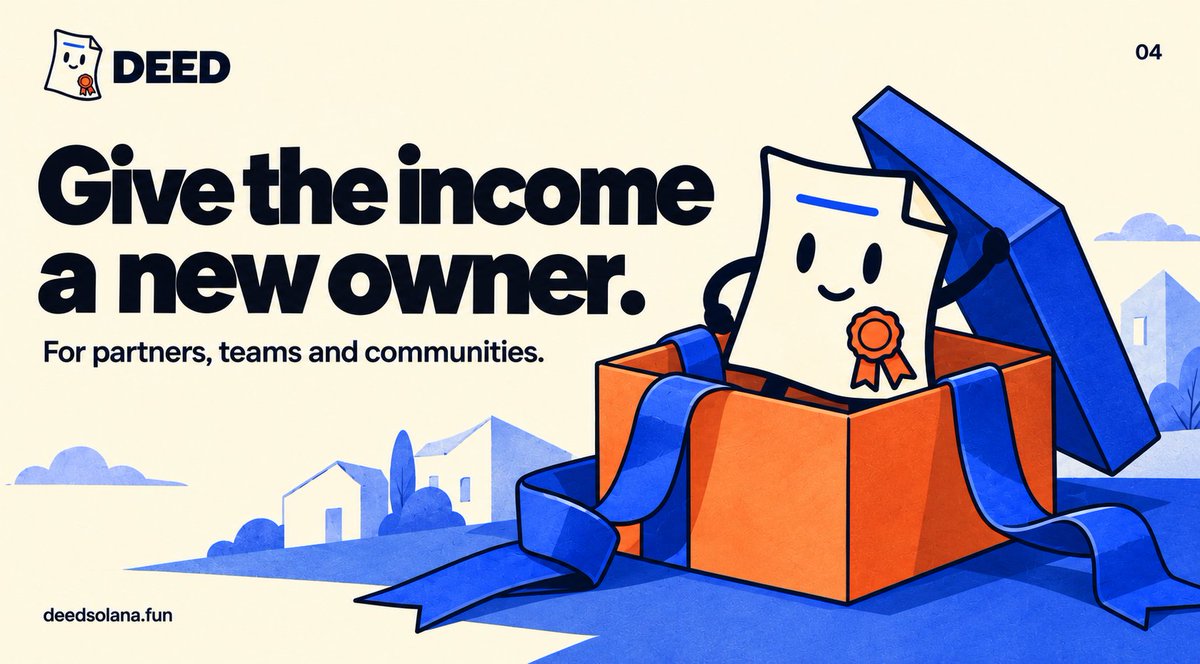 deeddotfun's tweet photo. @Pumpfun 4/ Give the income a new owner.

Transfer the deed to a partner, team wallet or community treasury. They receive the right to collect the coin’s creator fees.

One NFT transfers the fee rights, without sharing access to your wallet. https://t.co/mwBURMo67n