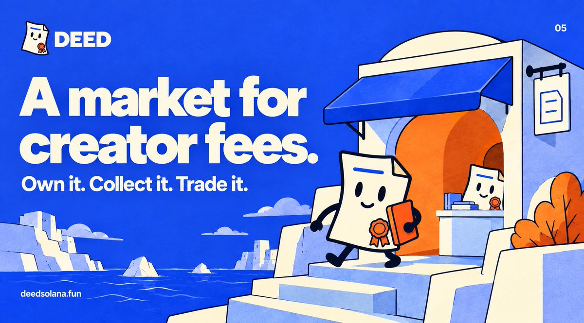 deeddotfun's tweet photo. @Pumpfun 5/ Creator fees deserve a market of their own.

Creators can sell future fee rights. Buyers can see what a deed has earned before deciding what to pay.

Launch a coin. Own its deed. Collect, sell or give it away.

https://t.co/rtuXpBHa9r https://t.co/muxl1DEAvS