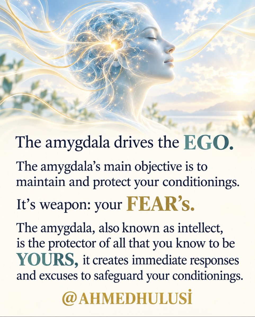 AylinERK's tweet photo. #Facebook

The amygdala drives the EGO. The amygdala’s main objective is to maintain and protect your conditionings. It’s weapon: your FEAR’s.  The amygdala, also known as intellect, is the protector of all that you know to be YOURS, it creates immediate responses and excuses to safeguard your conditionings.

@AhmedHulusi

https://t.co/Z3CDzB8lJE

https://t.co/OYoQqf3Mfr
