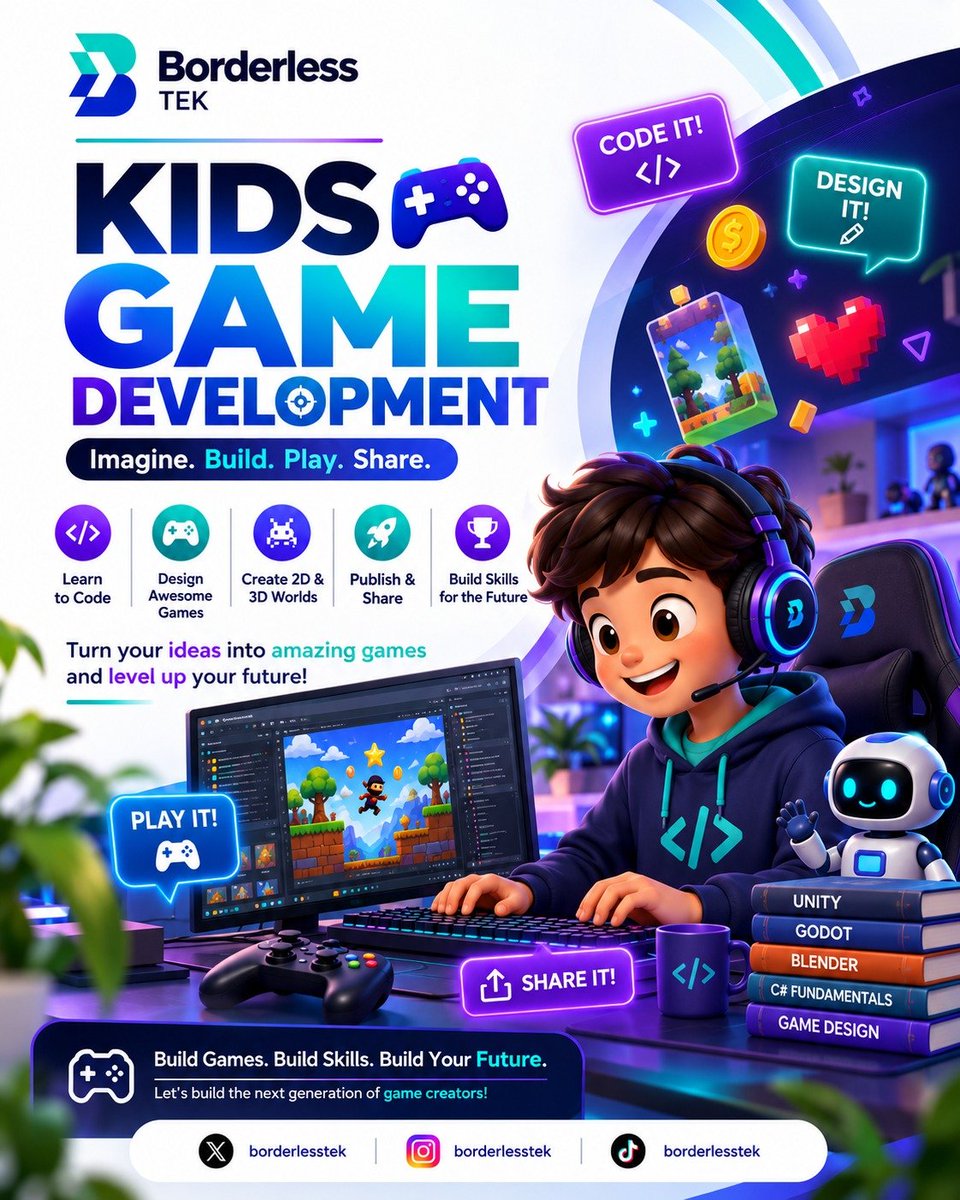 BorderlessTek's tweet photo. ๐ฎ Turn your childโs creativity into real skills!
Enroll your kids to learn Game Development and start building, creating, and bringing their game ideas to life. ๐
#BorderlessTEK #GameDevelopment #KidsInTech #FutureCreators https://t.co/o6udhFkqmv