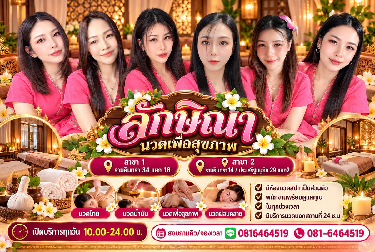 ferenatai's tweet photo. ร้าน ลักษิณา นวดเพื่อสุขภาพ
สาขา 1 รามอินทรา 34 แยก 18
สาขา 2 รามอินทรา14 / ประเสริฐมนูกิจ 29 แยก2

🕙เปิดบริการทุกวัน 10.00-24.00 น.

📲 สอบถามคิว/จองเวลา
LINE.0816464519
โทร 081-6464519 https://t.co/LwC0WZLvGJ