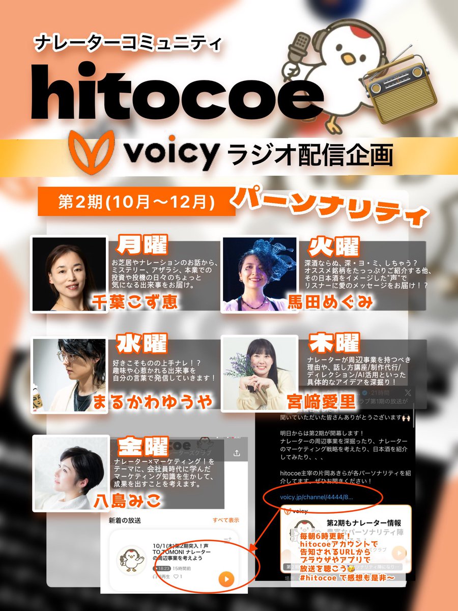 umaata1's tweet photo. 🕊️hitocoe  voicyラジオ配信企画🐎

10月〜スタートした第2期の素敵メンバーをご紹介🤭
うまちゃんは火曜担当🙌朝6:00に更新されて、その後もアーカイブが聴けます👂
生放送じゃないので、"事前に"メッセージほちい🥺

てことで、「好きなお酒の味やつまみは何？」
リプ欄で教えて〜🍶 https://t.co/vP28x1qQy3