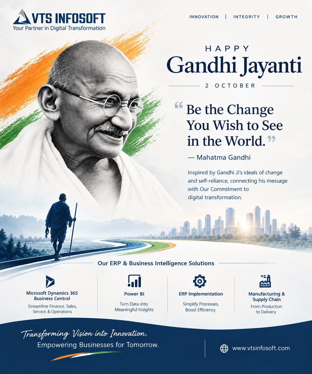 VTS_KPMC's tweet photo. 🇮🇳 “Be the Change You Wish to See in the World.”
Wishing everyone a Happy Gandhi Jayanti🇮🇳
🌐 https://t.co/pPi2DOWVa0
#GandhiJayanti #VTSInfosoft #DigitalTransformation #ERPImplementation #MicrosoftDynamics365 #PowerBI #BusinessGrowth #Innovation #BusinessCentral https://t.co/XHnO2gIImt