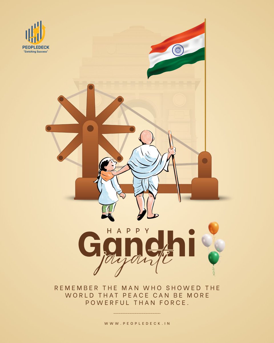 _Peopledeck_'s tweet photo. On the occasion of Gandhi Jayanti, we honour Mahatma Gandhi and his enduring values of truth, peace, simplicity, and integrity.

May his principles continue to inspire us to lead with purpose, act with integrity, and contribute towards a better tomorrow. https://t.co/WYib1a4ht1