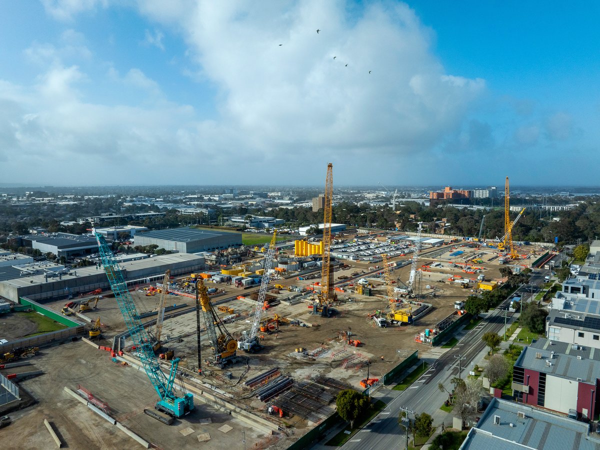 suburbanloop's tweet photo. Flying over your future train connection to Monash University. 

We’ve been installing ground supports along the perimeter of the new station, setting up for full-scale excavation. https://t.co/L6i6Gta1TT