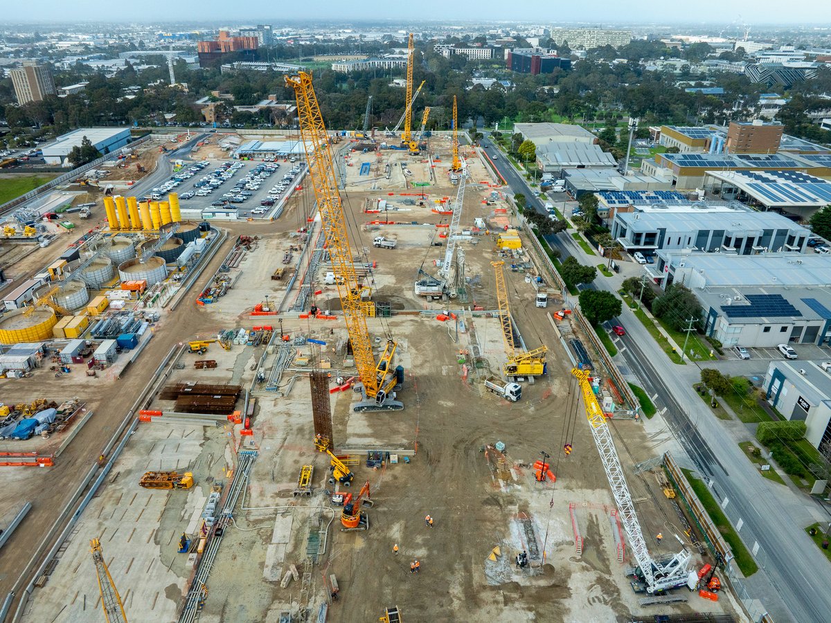 suburbanloop's tweet photo. Flying over your future train connection to Monash University. 

We’ve been installing ground supports along the perimeter of the new station, setting up for full-scale excavation. https://t.co/L6i6Gta1TT