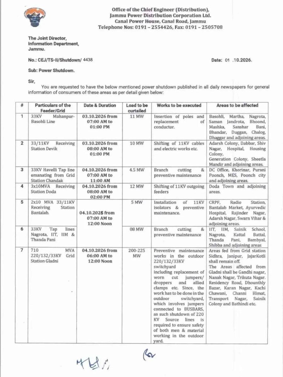 GulistanNewsTV's tweet photo. Power Shutdown in Jammu update for 3rd & 4th October 2026.
@JPDCLofficial
#JPDCL #PowerUpdates #jammupowerdistribution #powershutdownupdates #JKElectricity #Electricityupdates https://t.co/pZlQdwig7W