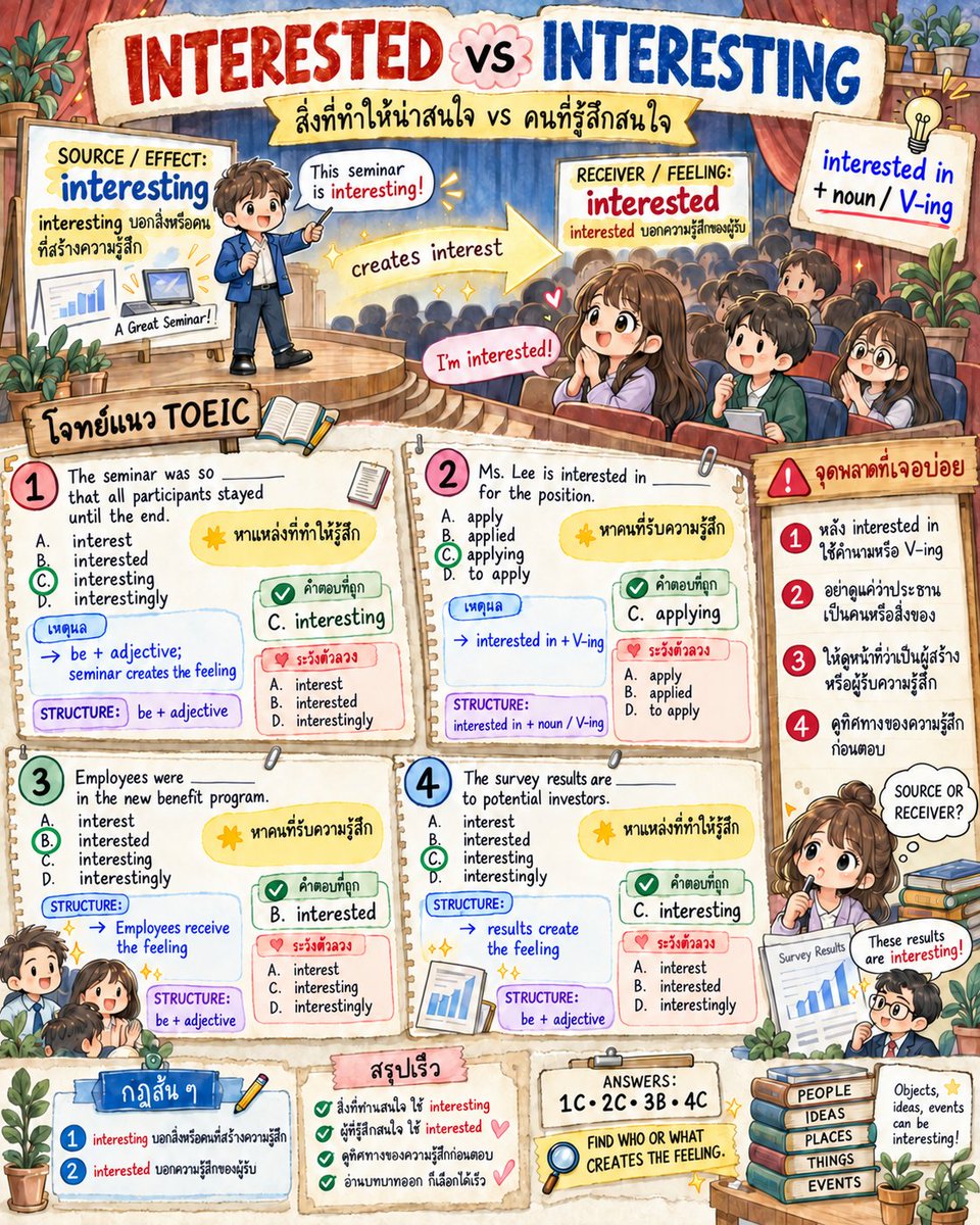 EngnowThailand's tweet photo. interesting คือสิ่งที่สร้างความสนใจ ส่วน interested คือผู้ที่รู้สึกสนใจ และ interested in ตามด้วย noun หรือ V-ing #Engnow #TOEICGrammar https://t.co/nANoCwRePW