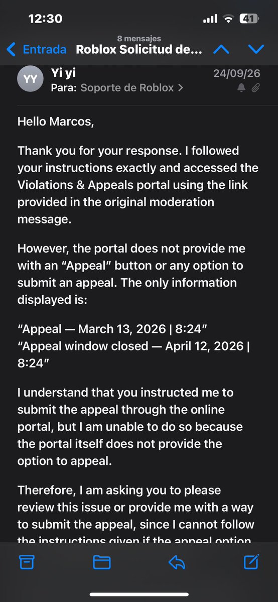 soup_angie's tweet photo. #Roblox #RobloxBan #RobloxFalseBan After more than 2 months, I finally got a "response" from Roblox regarding my unjustified ban. The message says I need to go through a different portal because the support site where I submitted my appeal isn't linked to my specific type of ban. https://t.co/bDMK7PC1v5