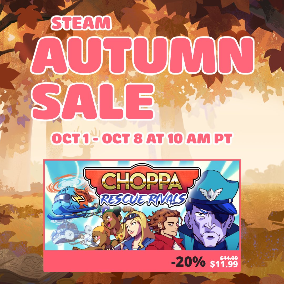 PartaGames's tweet photo. The leaves are falling! 🍁 Choppa: Rescue Rivals is -20% for the Steam Autumn Sale. Thank you for the support 🚁💛 https://t.co/WPCclKDTxm