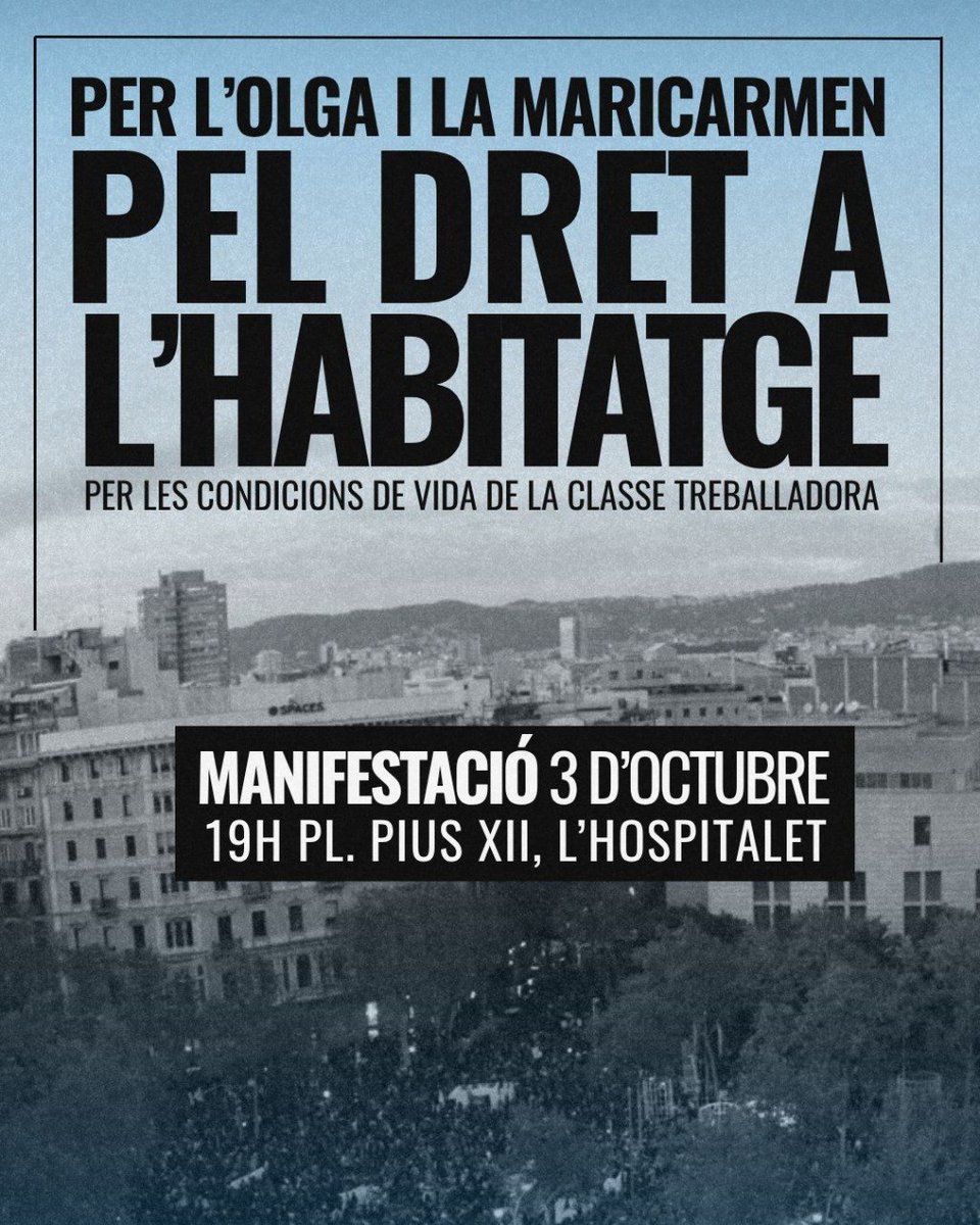 CGTBarcelona's tweet photo. 🔴 Per l’Olga. Per la Maricarmen. Pel Javier. Pel dret a l’habitatge 🔑🔑
 
No són suïcidis, son assassinats.
Abaixem els lloguers 💰, pugem el salaris 📈
 
📅 Dissabte 3 d'octubre
 
🕖 19 h
 
📌 Plaça Pius XII L'HOSPITALET DE LLOBREGAT ‼️ https://t.co/AHsk7CMaW8
