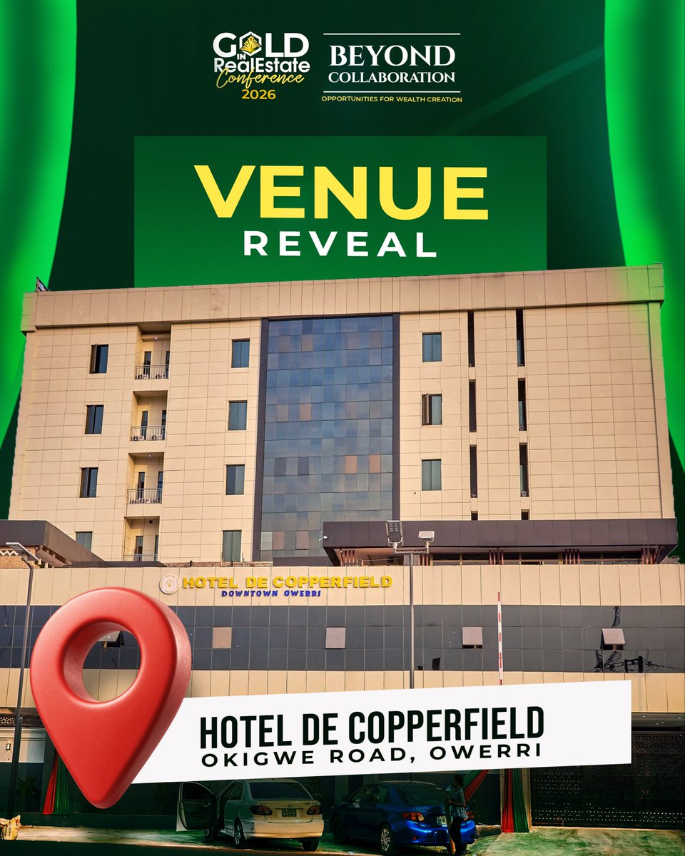 GoldInRealEstat's tweet photo. The venue is set. The date is locked. 🔥

On 23rd October, we’re gathering at Hotel De Copperfield, Okigwe Road, Owerri for GIRE 2026.

Beyond the conversations, connections and collaborations, there’s a lot waiting in that room.

Are you going to be there? 

#Gire2026 https://t.co/Ge2QF76jrN