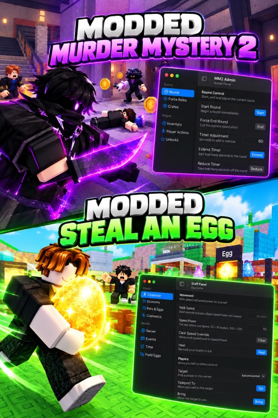 Creatorblox_'s tweet photo. 🚨MODDED GAMES NOW AVAILABLE

🔪Modded Murder Mystery 2
🥚Modded Steal an Egg

Both come with a fully featured Admin Panel with powerful controls for managing and modifying your game.

Want your own? DM us now to buy.

#Roblox #RobloxDev #RobloxGames #MurderMystery2 #StealAnEgg #RobloxDevelopment