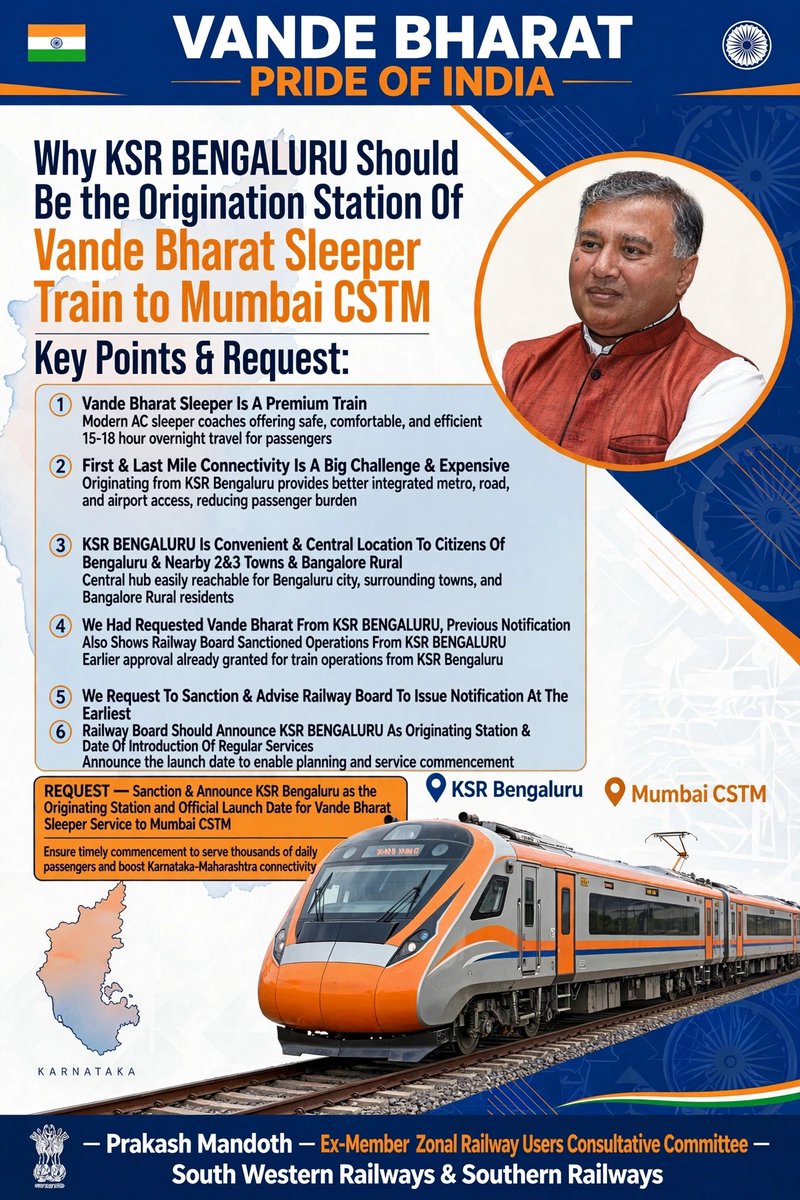 MandothPrakash's tweet photo. 1/2 We Request @narendramodiJi @AshwiniVaishnawJi @PMOIndia @VSomanna_BJP @RailMinIndia @RailwaySeva @GMSWR @SWRRLY @GM_CRly @drmmumbaicr @drmbct To Operate Bengaluru Vande Bharat Sleeper Train From KSRBangalore 
#PrakashMandoth 
#ExMemberZonalRailwayUsersConsultativeCommitteeSW&SR