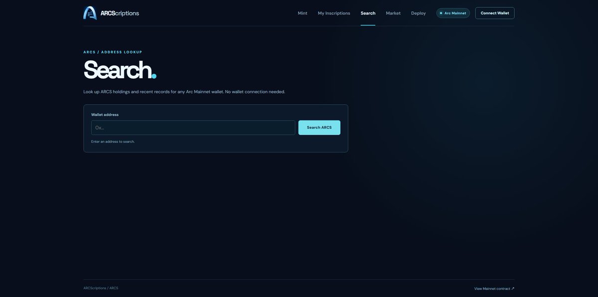 ARCScriptionsHQ's tweet photo. ARCScriptions Address Search is live 🔎

Enter any Arc Mainnet wallet address to see its ARCS holdings, recent mint and transfer activity, and the latest indexed block. No wallet connection needed. Balances are read directly from the contract.

https://t.co/HeJL8j5QIj

#ARCScriptions #Arc