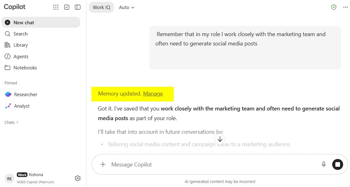 LearnCopilot's tweet photo. You shouldn't have to explain job to Copilot at the start of every chat. Tell it once:

"Remember that I [explain your common tasks/audience/other context about you]"

Copilot can then shape its future responses around that. https://t.co/P8bmUqjmtN