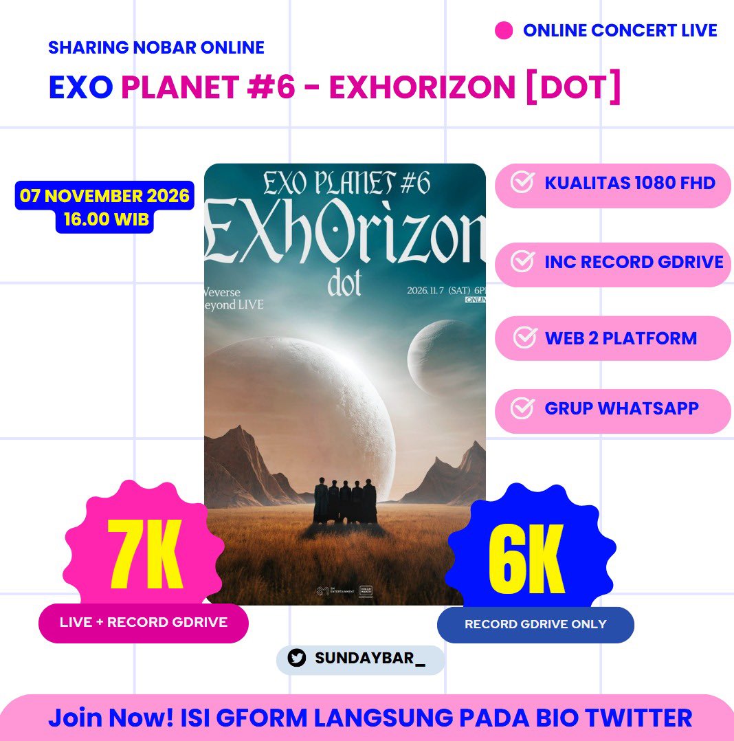 sunpromn's tweet photo. OPEN SHARING NOBAR EXO PLANET #6
EXHORIZON

💸 7K/ (LIVE + RECORD)
🔗 FORM DI BIO TWITTER

✅ LIVE 2 PLATFORM
✅ 1080 FHD
✅ JOIN grup whatsapp

wts wtb nobar nonton exo exhorizon encore planet 6 streaming konser live link https://t.co/A8hBq1YgJF