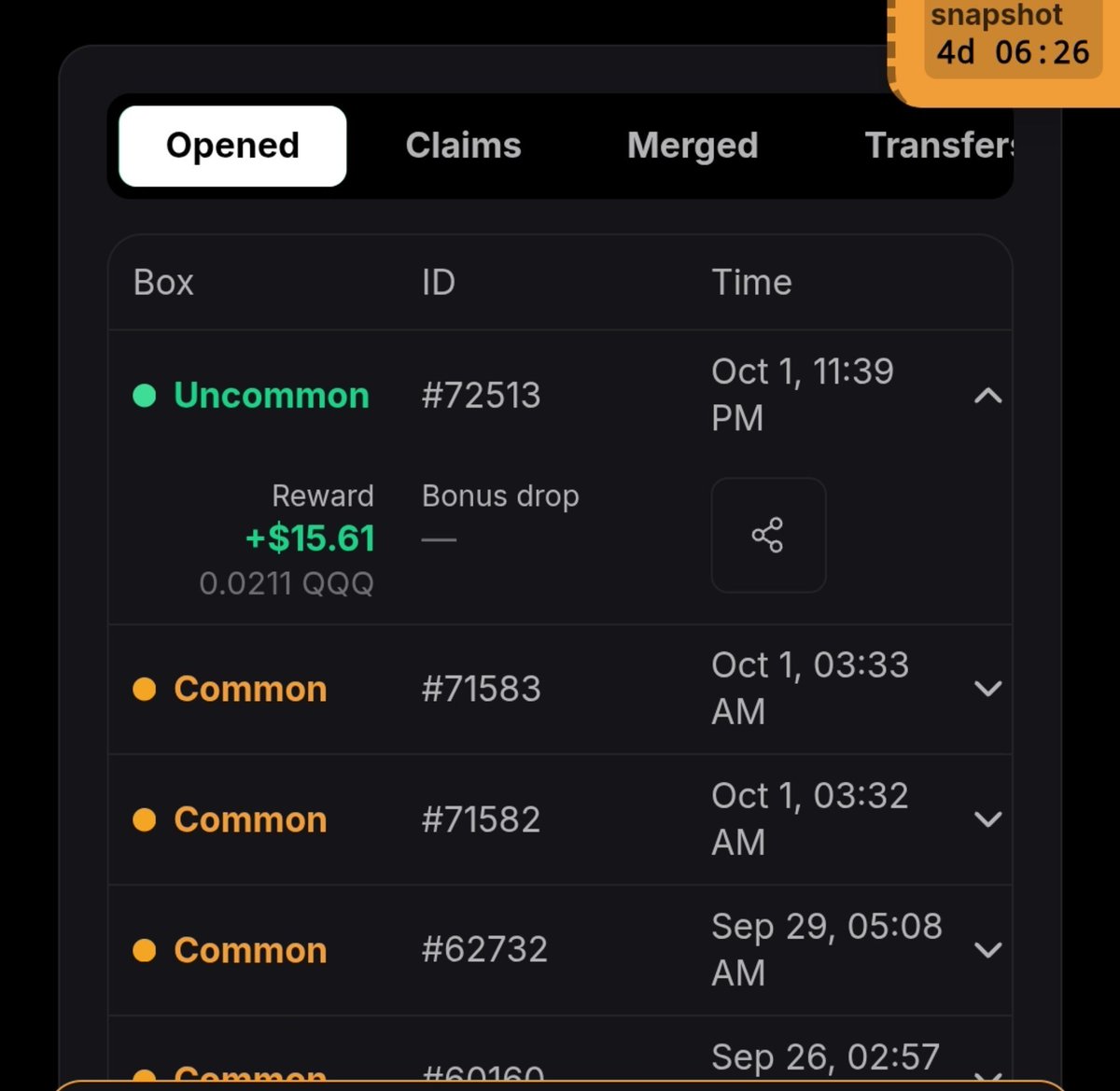 DatoAIRDROPS's tweet photo. Merged 10 common and got 1 uncommon reward 15$ win or lose?🤔 https://t.co/sNuelSunCh