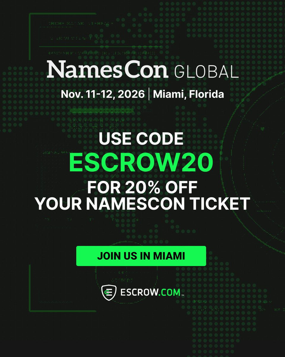 Escrow_com's tweet photo. We’re looking forward to meeting with clients and fellow members of the domain industry at this year’s NamesCon in Miami.

For a limited time, tickets are going at a discount – use code ‘ESCROW20’ to get 20% off.
👉 https://t.co/nFmAIWGY2S

#NamesCon2026 #domains #Escrow https://t.co/LbN0rxUqWK
