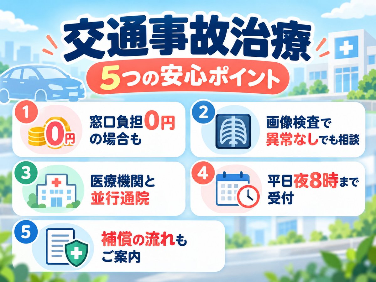 yaenococokara's tweet photo. 交通事故後に知っておきたいこと。

自賠責保険の適用で窓口負担0円の場合があり、
医療機関との並行通院も可能なケースがあります。
治療費だけでなく、慰謝料なども補償対象です。
#交通事故 #自賠責保険 #八戸ノ里 #東大阪市
https://t.co/az0ygLes70 https://t.co/t0boeKFW8M