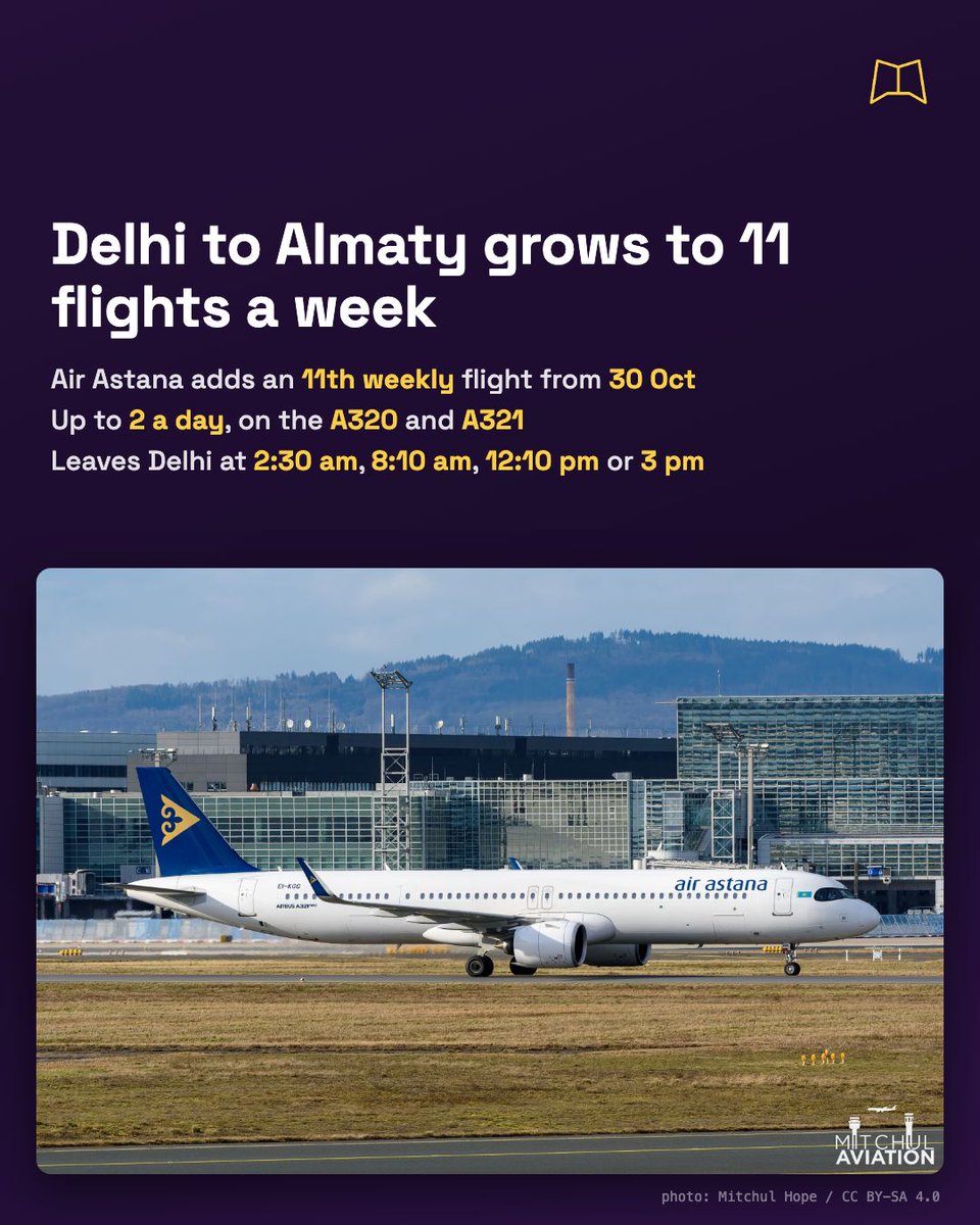 MagnifyClub's tweet photo. Air Astana adds an 11th weekly flight between Delhi and Almaty from 30 October, so four days a week now have two departures. The route runs on a mix of A320 and A321 jets. https://t.co/h2Sc05PKeW