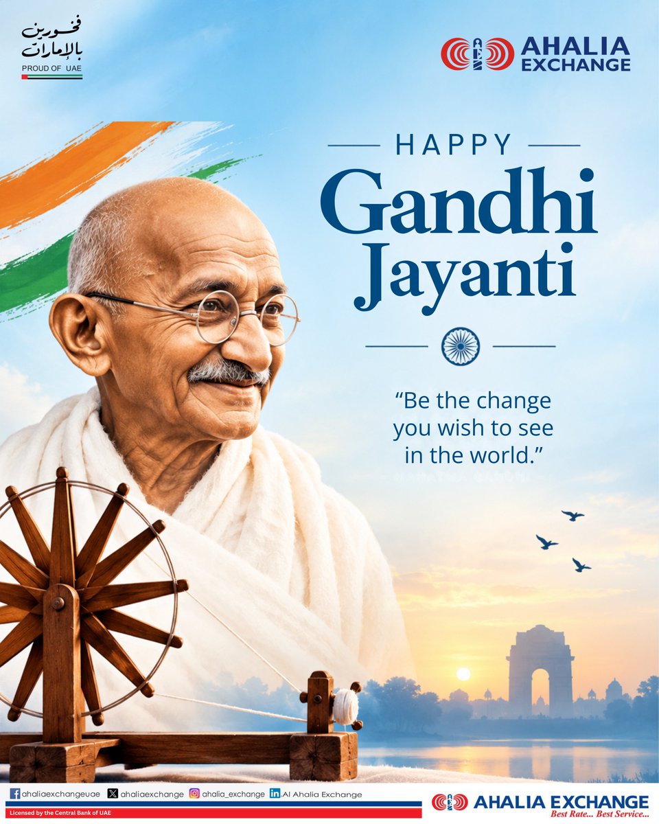 Ahaliaexchange's tweet photo. Honouring the legacy of Mahatma Gandhi and his timeless values of peace, truth, and non-violence. 

Wishing everyone a peaceful Gandhi Jayanti.

#GandhiJayanti #MahatmaGandhi #Peace #Truth #NonViolence #AhaliaExchange #ProudOfUAE https://t.co/dEUaSjpYTT