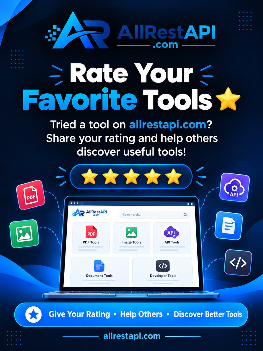 allrestapi's tweet photo. ⭐ Rate Your Favorite Tools on https://t.co/iPrYWMHau5!
🌐 https://t.co/cp2QOcJC2p
#AllRestAPI #ToolRating #FreeTools #OnlineTools #DeveloperTools #APITools #PDFTools #ImageTools #ProductivityTools #WebTools #TechTools #UsefulTools #AITools #SoftwareTools #DigitalTools https://t.co/EGzjW9frBm