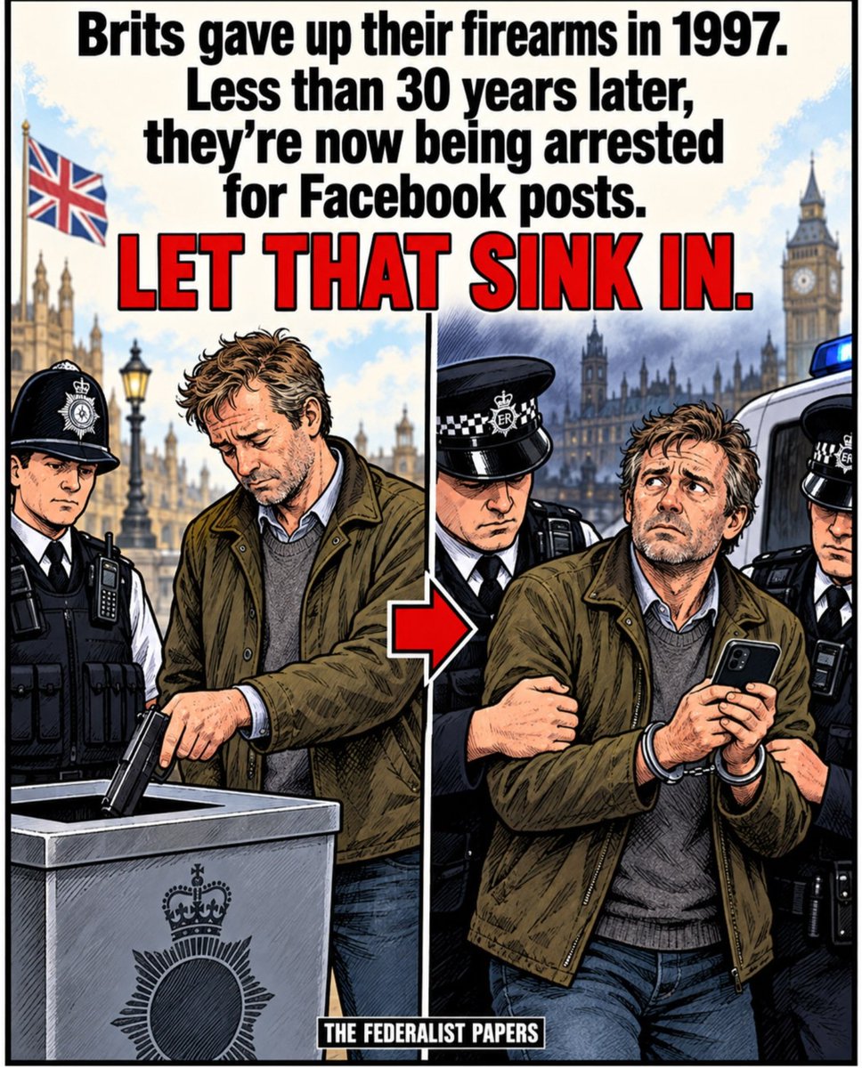TheConsultant18's tweet photo. 🛑 UK 🇬🇧 - In 1997 British Folk Surrendered Private Hand Gun Ownership.

In 2026 knife crime is out of control and over the last 5 years 60,000+ UK folks have been arrested for social media &amp; communication posts.

Are you getting the theme here? https://t.co/MdbMJb9Emo