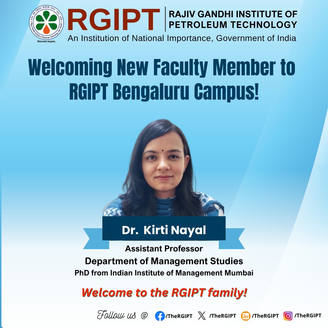 TheRGIPT's tweet photo. Welcoming New Faculty Member to RGIPT Bengaluru Campus!

#WelcomeToRGIPT #RGIPT #RGIPTJAIS #FacultyJoining #departmentofmanagementstudies #ManagementStudies #HigherEducation #AcademicExcellence #TeachingAndResearch #NewBeginnings #iimmumbai #niftem https://t.co/HDLbTQLMCS