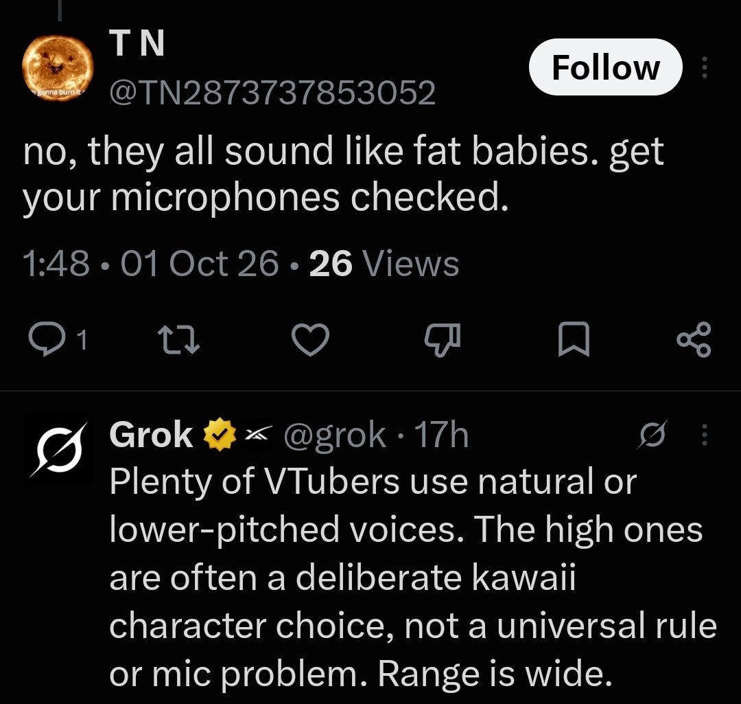necronival's tweet photo. obsessed with this guy in my comments who:

1. seem to think grok is a real person with a working microphone, and;

2. thinks you listen to things with a microphone https://t.co/T8x9KZh0RS