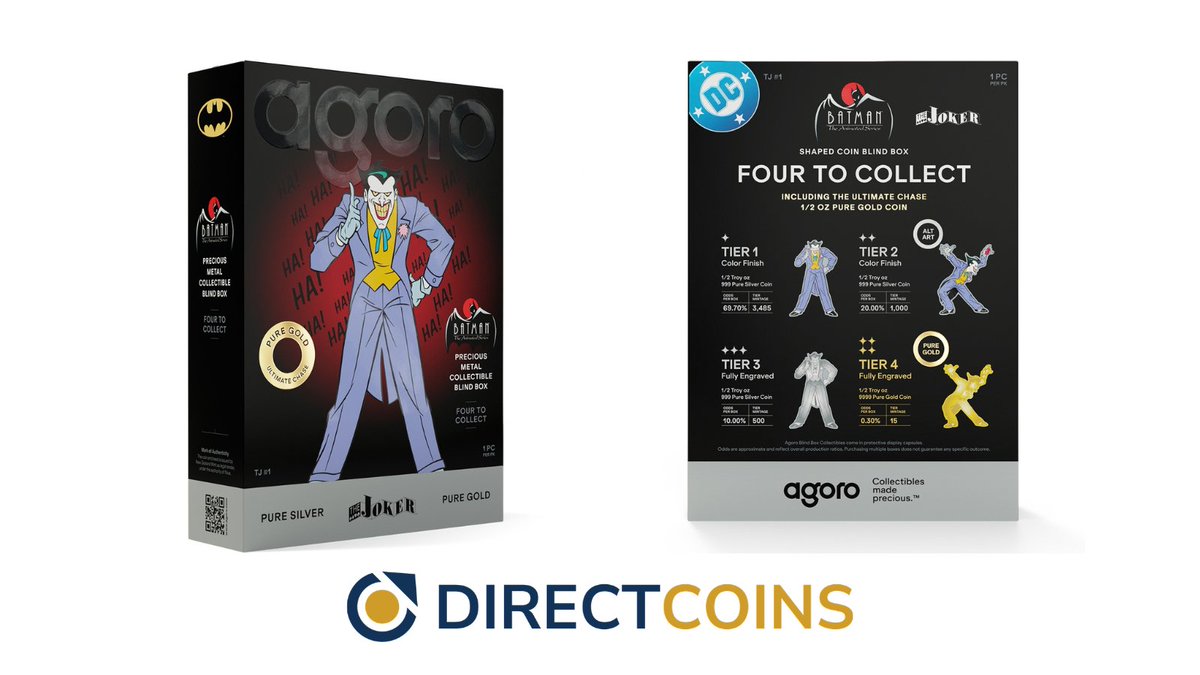 DirectCoins's tweet photo. Four Jokers to find. One of them is gold.

Batman: The Animated Series Joker Coin Blind Box. Four tiers, each rarer than the last, and the rarest is gold with just 15 in the world.

Preorder. $235.00 AUD at time of posting.

Direct Coins. Australia's #1 distributor for Agoro. https://t.co/gs6xBBgBv4
