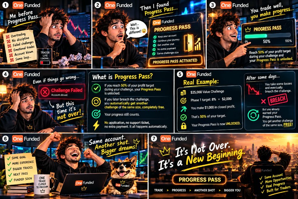Shridata1379's tweet photo. Failed the challenge? 😭
Plot twist: your progress still counts. 👀
Hit 50% of the target → unlock Progress Pass → breach later → get another challenge of the same size FREE. 🔥

Same goal. Another shot. 🚀

@One_Funded #OneFundedProgressPass https://t.co/ytUuL6tU7D