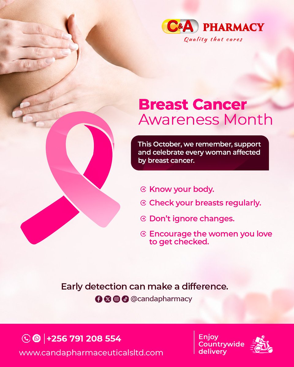 CandAPharmacy's tweet photo. 🎀 This October, know your body, check your breasts regularly &amp; don’t ignore changes. Encourage the women you love to get checked. 💗
Early detection can make a difference.
📞 +256 791 208 554
#BreastCancerAwareness #BreastHealth #EarlyDetection #Uganda #CandAPharmacy https://t.co/k5JuXfscCQ