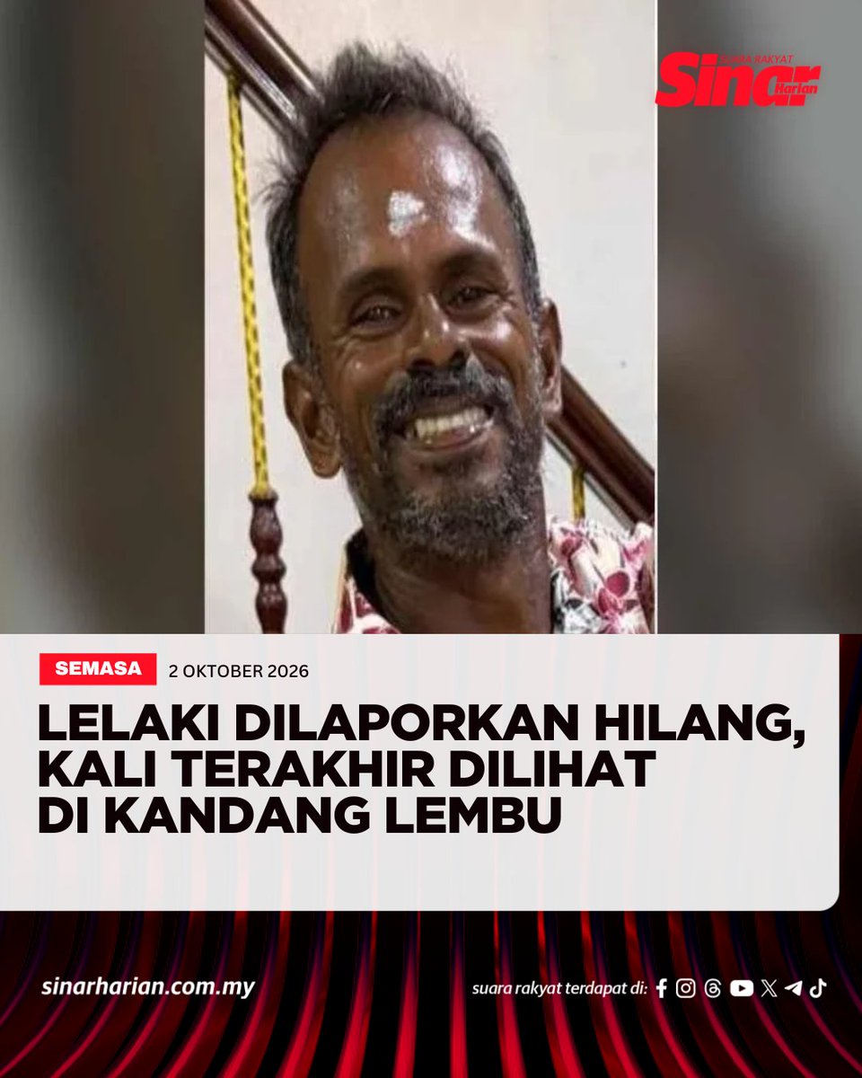 SinarOnline's tweet photo. Polis meminta bantuan orang ramai mengesan seorang lelaki berusia 47 tahun yang hilang sejak 25 September lalu selepas kali terakhir dilihat di sebuah kandang lembu di Kampung Bahagia Bangi Lama.

Artikel: https://t.co/2uSjSU3UYC https://t.co/A7hn1eSQMi