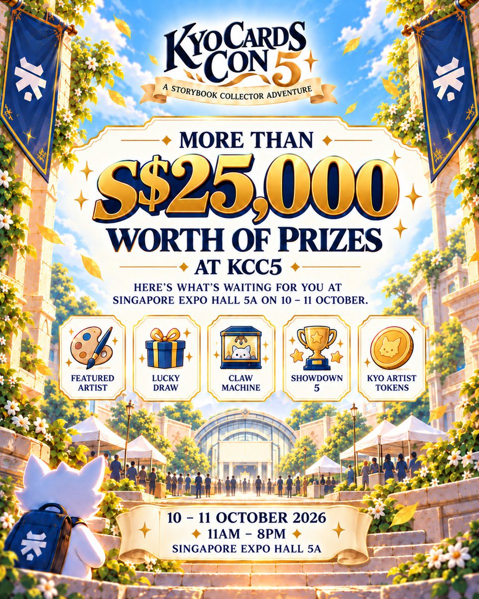 kyocards's tweet photo. More than S$25,000 worth of prizes. 
One weekend of collecting. 👀 

Kyo Cards Con 5 is almost here. Here’s what’s waiting for you at KCC5: 

🎁 Lucky Draw prizes including 30th Anniversary ETBs, Radiance Booster Boxes and Vendetta Slim Boxes 

🕹️ Claw Machine prizes packed with sealed products, artist items, vouchers and more 

🏆 Kyo Cards Showdown 5, proudly presented by Secret Card Society, with up to S$20,000 in prizes

📅 10–11 October 2026 
🕚 11AM–8PM 
📍 Singapore EXPO Hall 5A 

See you at KCC5. 

#KyoCards #KCC5 #KyoCardsCon #TCG #PokemonTCG #Riftbound