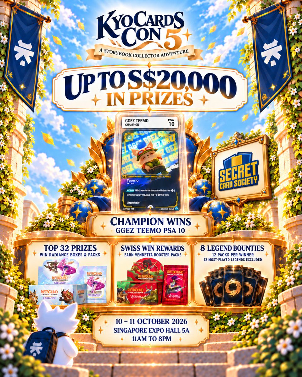 kyocards's tweet photo. More than S$25,000 worth of prizes. 
One weekend of collecting. 👀 

Kyo Cards Con 5 is almost here. Here’s what’s waiting for you at KCC5: 

🎁 Lucky Draw prizes including 30th Anniversary ETBs, Radiance Booster Boxes and Vendetta Slim Boxes 

🕹️ Claw Machine prizes packed with sealed products, artist items, vouchers and more 

🏆 Kyo Cards Showdown 5, proudly presented by Secret Card Society, with up to S$20,000 in prizes

📅 10–11 October 2026 
🕚 11AM–8PM 
📍 Singapore EXPO Hall 5A 

See you at KCC5. 

#KyoCards #KCC5 #KyoCardsCon #TCG #PokemonTCG #Riftbound