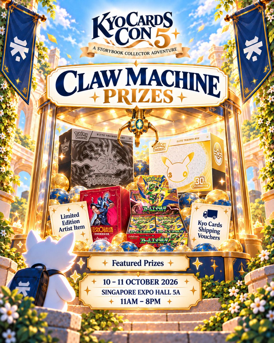 kyocards's tweet photo. More than S$25,000 worth of prizes. 
One weekend of collecting. 👀 

Kyo Cards Con 5 is almost here. Here’s what’s waiting for you at KCC5: 

🎁 Lucky Draw prizes including 30th Anniversary ETBs, Radiance Booster Boxes and Vendetta Slim Boxes 

🕹️ Claw Machine prizes packed with sealed products, artist items, vouchers and more 

🏆 Kyo Cards Showdown 5, proudly presented by Secret Card Society, with up to S$20,000 in prizes

📅 10–11 October 2026 
🕚 11AM–8PM 
📍 Singapore EXPO Hall 5A 

See you at KCC5. 

#KyoCards #KCC5 #KyoCardsCon #TCG #PokemonTCG #Riftbound