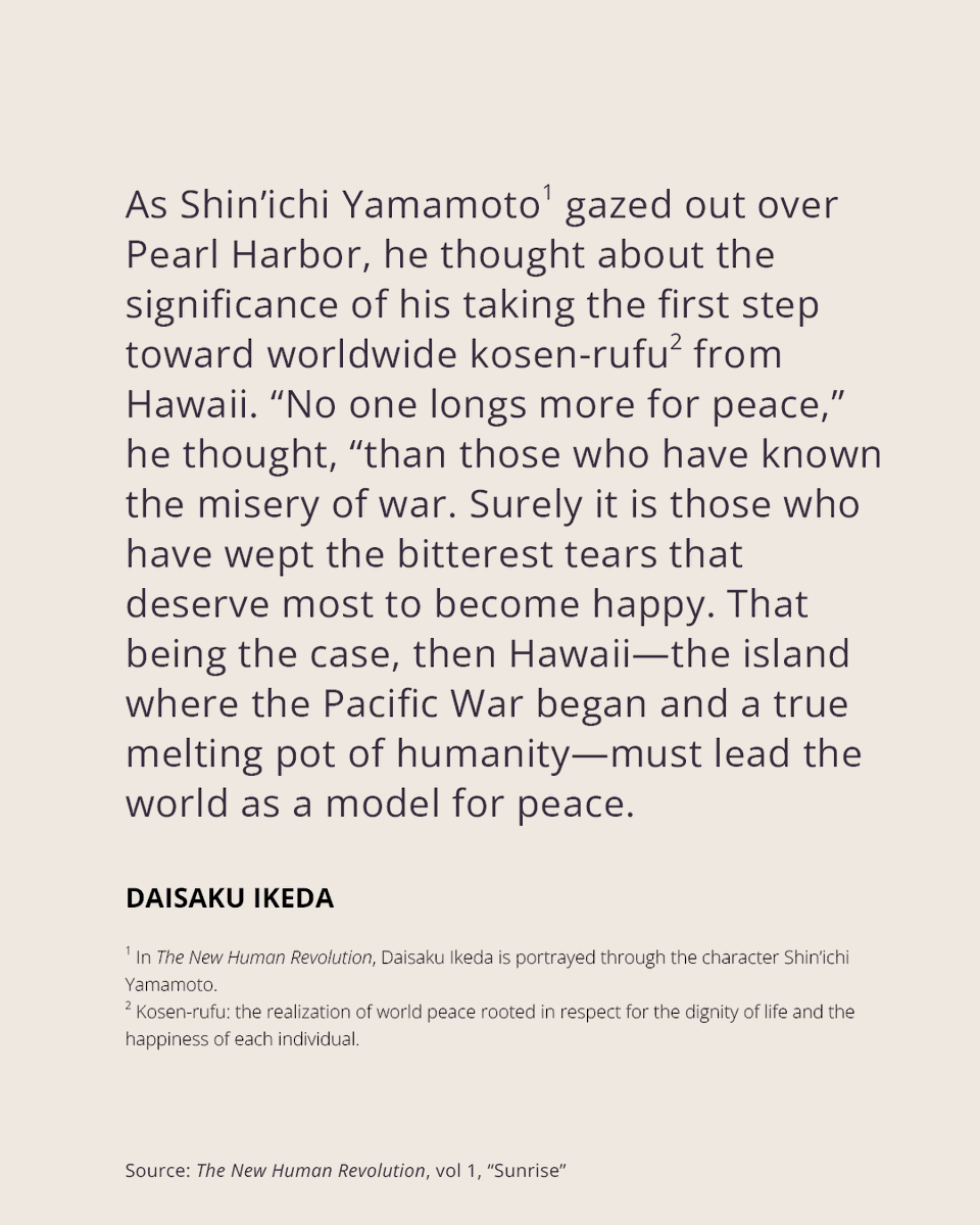 daisakuikeda_of's tweet photo. On October 2, 1960, at just 32 years old, Buddhist philosopher Daisaku Ikeda departed Japan on his first overseas journey, marking his first step toward worldwide kosen-rufu*. 

Over the course of 24 days, he visited nine cities in three countries: Honolulu, San Francisco, Seattle, Chicago, Toronto, New York, Washington, D.C., São Paulo and Los Angeles. ✈️🌎

This October 2, as we look toward 2030 and the 100th anniversary of the Soka Gakkai’s founding, we look back on Ikeda’s reflections in Honolulu, Hawaii. There, he contemplated the significance of taking his first step to advance peace worldwide from Hawaii, a place deeply marked by war yet also a “melting pot of humanity,” and envisioned it as a model for peace. 🌺🕊️

The following passages from The New Human Revolution, vol. 1, recount Ikeda’s experiences through the character of Shin’ichi Yamamoto.

* Kosen-rufu: the realization of world peace rooted in respect for the dignity of life and the happiness of each individual.
#WorldPeaceDay #DaisakuIkeda #TheNewHumanRevolution #PeaceThroughDialogue #SokaGakkai