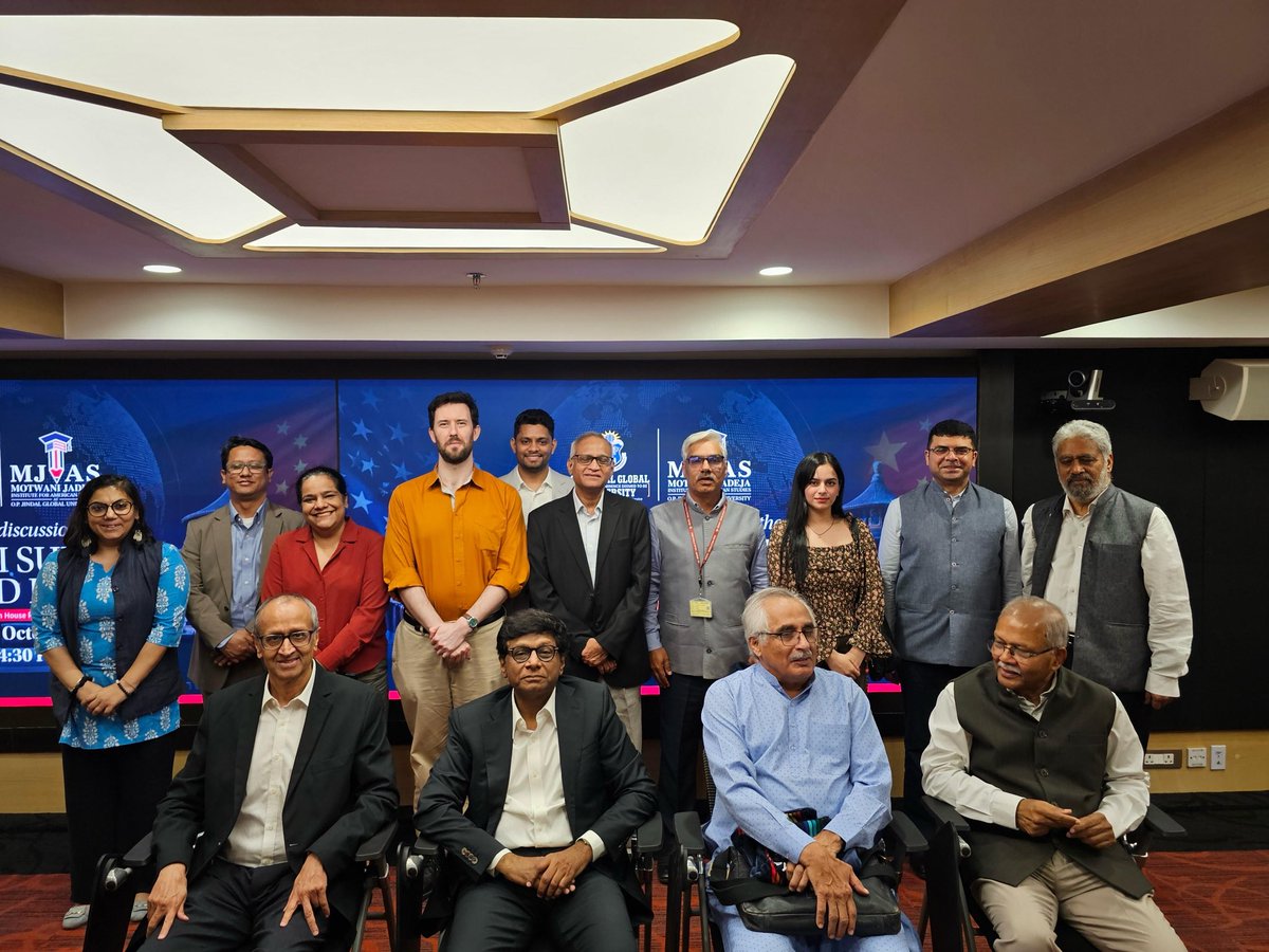 Sriparnapathak's tweet photo. It was a privilege to take part in a closed-door roundtable convened yesterday by the Motwani Jadeja Institute for American Studies of O.P. Jindal Global University (JGU), on the recent meeting between President Xi Jinping and President Donald Trump and its implications for Asia.

The Washington summit produced a short extension of the economic truce, limited commercial understandings, and new working channels on artificial intelligence and crisis communication. It did not settle the structural questions that shape the regional order: Taiwan, technology controls, critical minerals, or maritime coercion in the East and South China Seas.

For Asia, the immediate effect is a pause rather than a settlement. A temporary easing of great-power friction can cushion supply chains and lower the risk of miscalculation. It does not reduce the need for partners to read both capitals carefully, diversify dependencies, and keep their own strategic space intact.

Grateful to colleagues at the MJIAS, and to external participants for a focused and substantive discussion. Formats of this kind remain essential if scholarship is to stay ahead of the next round of summitry, including the meetings expected at APEC and the G20.

@mjias_jgu @JindalGlobalUNI @MohanCRaja @AmbMoKumar @kalpitm @hasijanamrata @Sri_Kondapalli @BajpaiKanti @ashokkkantha