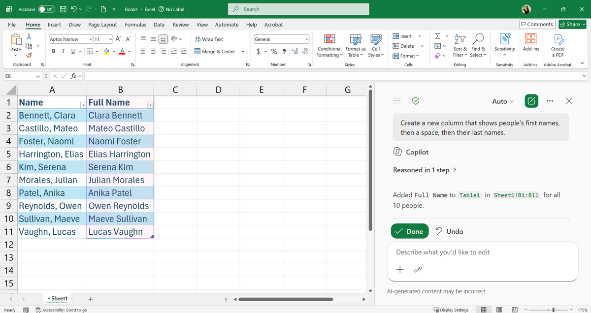 LearnCopilot's tweet photo. Fixing "Last, First" names one cell at a time in Excel is time you won't get back. Ask Copilot in Edit mode:

"Create a new column that shows people's first names, then a space, then their last names."

It works for splitting first.last@company.com email addresses too. https://t.co/pznXlTeeH6