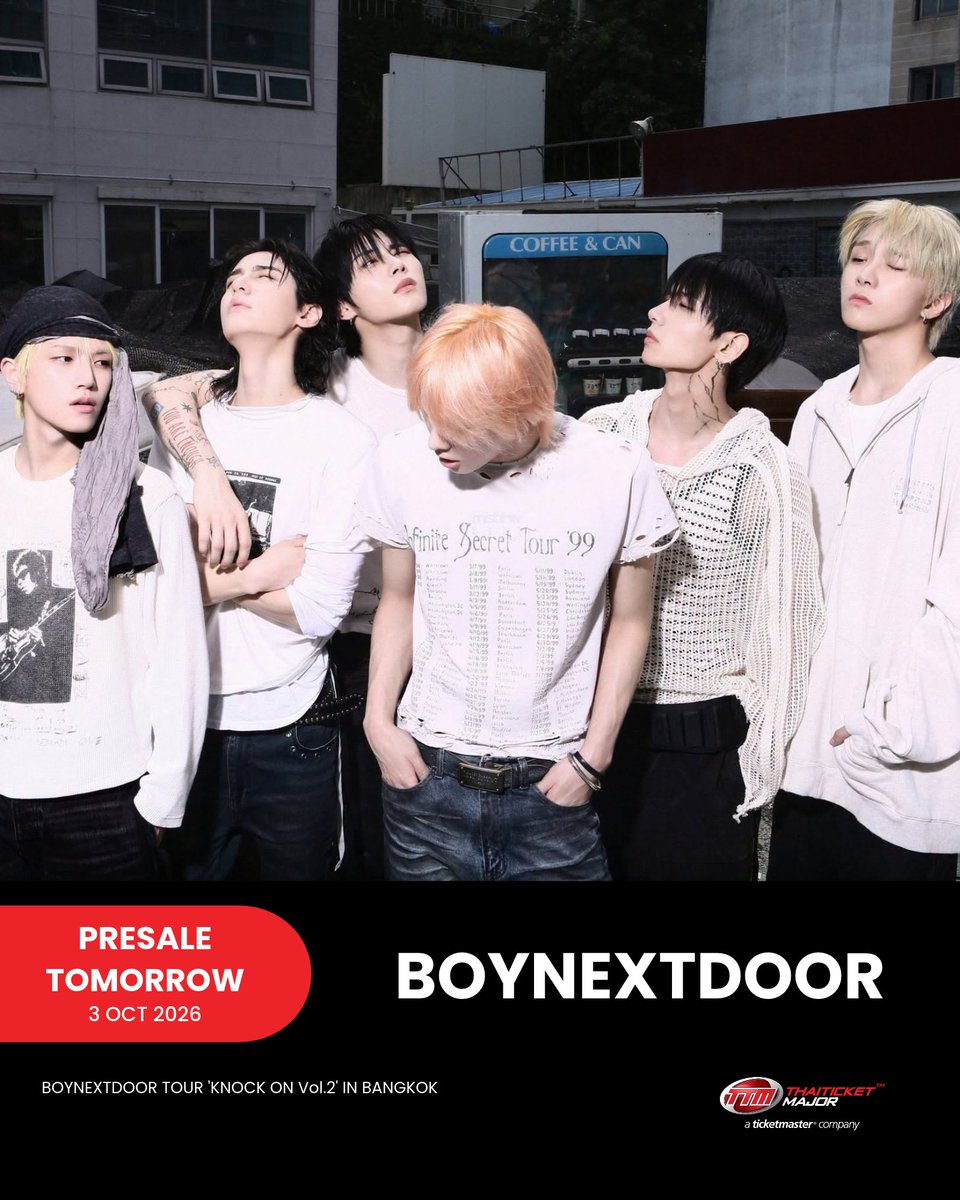 ThaiTicketMajor's tweet photo. CONCERT : BOYNEXTDOOR เริ่มขายบัตรพรีเซลพรุ่งนี้ 3 ต.ค. ONEDOOR ชาวไทยอย่าพลาด 👦🏼🚪💥

BOYNEXTDOOR TOUR 'KNOCK ON Vol.2' IN BANGKOK

📆วันที่แสดง : วันเสาร์ที่ 30 มกราคม 2570
📍สถานที่แสดง : อิมแพ็ค อารีน่า เมืองทองธานี
⏰เวลาแสดง : 18.00 น.
💰ราคาบัตร :  VIP PACKAGE 6,800 (บัตรยืนและนั่ง) / 5,800 (บัตรยืนและนั่ง) / 4,500 / 3,800 และ 2,800 บาท
🗓️วันเปิดจำหน่ายบัตร :
ONEDOOR MEMBERSHIP PRESALE : วันเสาร์ที่ 3 ตุลาคม 2569 เวลา 12.00 – 18.00 น.
PUBLIC SALE : วันอาทิตย์ที่ 4 ตุลาคม 2569 ตั้งแต่เวลา 12:00 น.
🎫รายละเอียดจำหน่ายบัตร : https://t.co/aezprF9dQv
☎️TTM Call Center 02-262-3456

#BND
#KNOCK_ON_Vol_2
#KNOCK_ON_Vol_2_IN_BANGKOK
#KNOCK_ON_Vol_2_IN_ASIA
#iMeThailand
#Thaiticketmajor