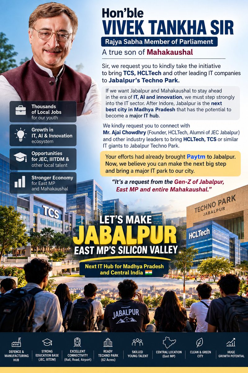 JbpVoice18608's tweet photo. Sir, Jabalpur’s 62-acre Techno Park can accommodate a full TCS/HCLTech campus—Aap hi ye initiative le sakte hain, aur isse Mahakaushal ke lakho yuvaon ki kismat badal sakti hai. 🙏 @VTankha @TeamTankha @varuntankha @BhavneetDua @Himanshukharein @Manish4all @JagoJabalpur @jbpmp20 https://t.co/N6kXIth9iN