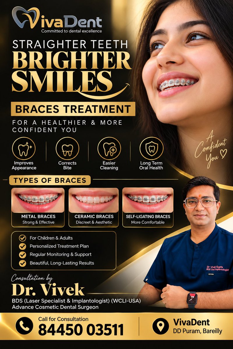 kevivg's tweet photo. Straight teeth. Better bite. Confident smile.

Thinking about Braces Treatment in Bareilly? At VivaDent, DD Puram, Bareilly, we provide personalized orthodontic treatment for children, teenagers and adults.

Our braces options include:
• Metal Braces
• Ceramic https://t.co/80cpw9VE6x