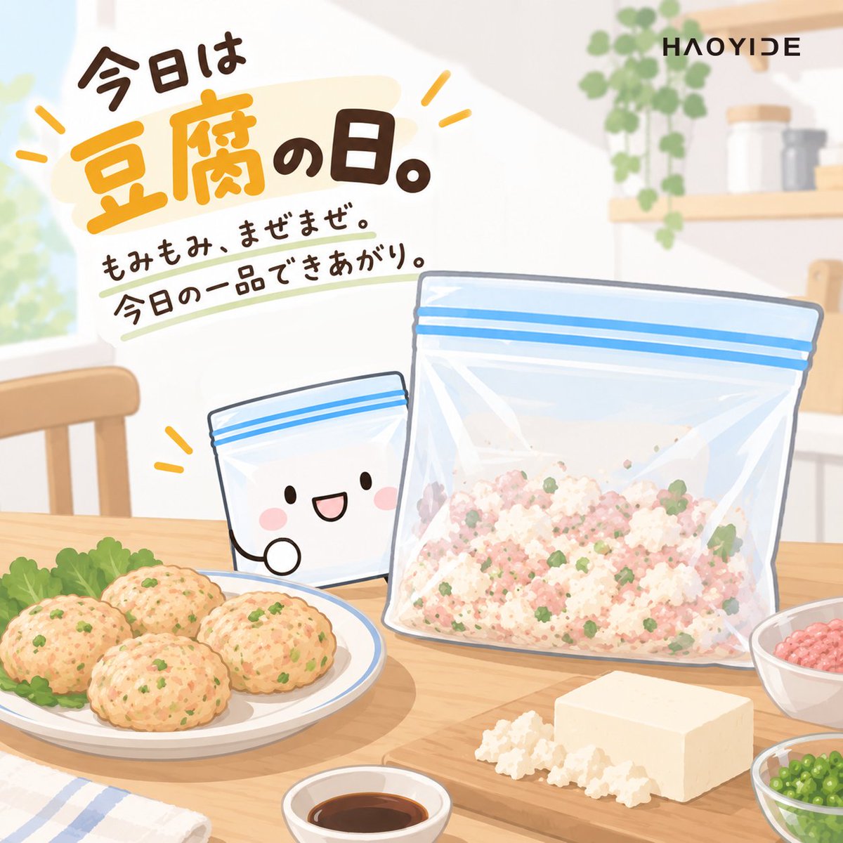 HAOYIDE_jp's tweet photo. 今日は #豆腐の日 ~
豆腐とひき肉を保存袋に入れて、
もみもみ、まぜまぜ。
あとは丸めて焼くだけ◎
今夜の一品に、豆腐ハンバーグはいかがですか？☺️
#HAOYIDE #ピタくん #保存袋 https://t.co/Rv9YemhO3o