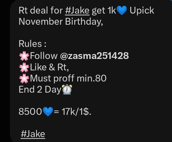 Lovingjaeyunie's tweet photo. Rt deal for #JAKE get 1k💙 Upick November Birthday,

Rules :
🌸Follow @zasma251428
🌸Like &amp; Rt,
🌸Must proff min.80
End 2 Day⏰

8500💙= 17k/1$.

 end💀

#제이크 #ENHYPEN https://t.co/upXZrCePvP