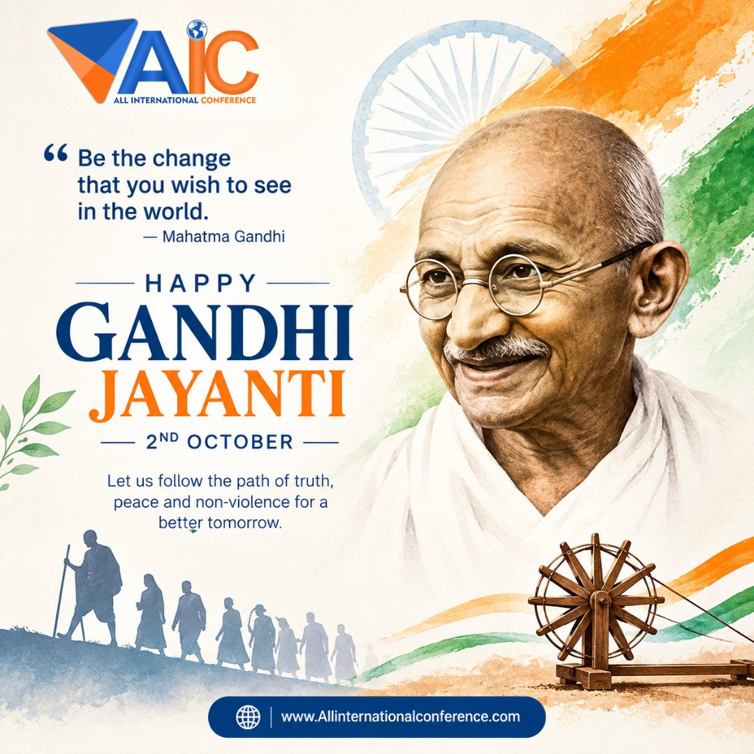 all_int_conf's tweet photo. Gandhi Jayanti ๐ฎ๐ณ
Remembering the Father of the Nation, Mahatma Gandhi, on his birth anniversary. Let us follow his timeless values of truth, peace, simplicity, and non-violence. ๐๏ธ
#allinternationalconference #GandhiJayanti #MahatmaGandhi #TruthAndNonViolence #PeaceAndUnity https://t.co/K2QYuQM6Ej