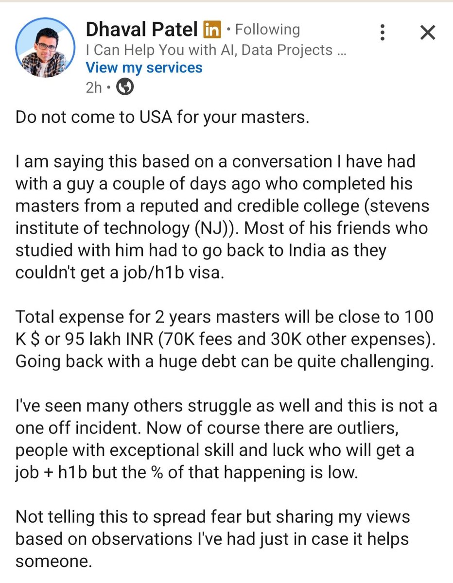 VikasAlwys's tweet photo. Meet Dhaval Patel , who completed his https://t.co/YSvOF5fxhn Computer Science from Dharmsinh Desai University. This guy worked at Nvidia as Software engineer for 2 years. Then at Bloomberg for 12 years.

Currently he is the Co-founder of AtliQ Technologies and the founder of Codebasics .

This is what he said on LinkedIn about current US masters scenario 

https://t.co/A5MhsSezKk

FYI Check:-