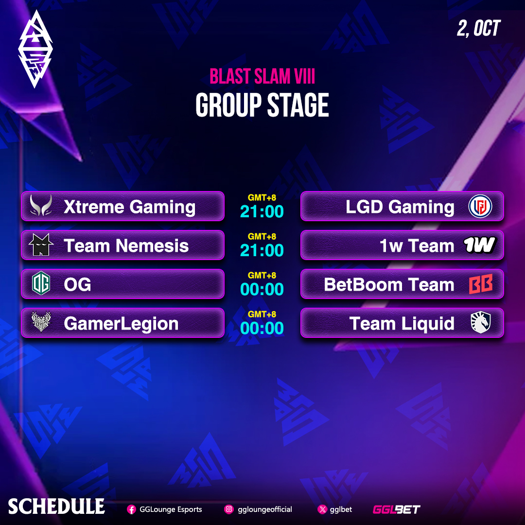 gglbet's tweet photo. 🏆BLAST Slam VIII🏆
🎫DOTA2 l Group Stage | Day 4
📅2nd October 2026
💎Pre-odds available at GGLBET
🎮Play Now: https://t.co/4uLSHCnpCp
#ggl #gglounge #dota2 #dota #esports #dota #dota2news #blastslam https://t.co/ffzgZyd1N1