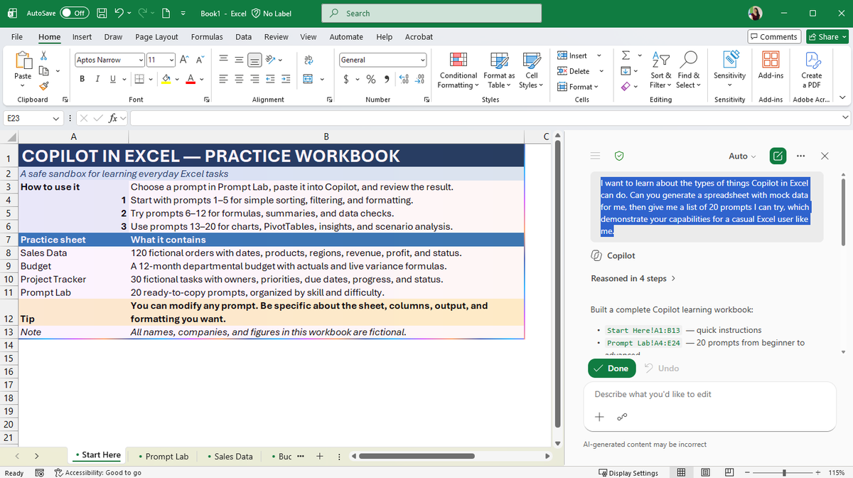 LearnCopilot's tweet photo. You don't have to test Copilot on your real work spreadsheets.

If you're looking for extra practice, ask it in Excel to build a practice workbook with mock data. You get a safe sandbox and a guided tour of what it can do, all in one go.

Prompt in the reply ⬇️ https://t.co/GSAPbQyihP