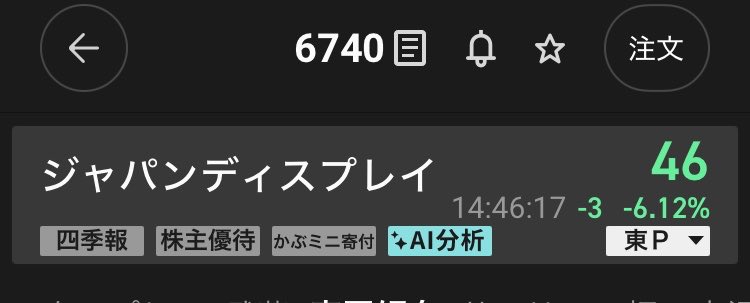 san0kabu's tweet photo. 【JDI損切り、その後📉】

昨日56円で約定したJDI。
想定より弱いと判断して49.4円で200株すべて損切りしました。

そして現在……
46円（−6.12％）

うおお……切っててよかった😇

損失は−1,320円。
もし46円まで握っていたら−2,000円でした。

損切りした瞬間は「早かったか？」とも思ったけど、
今のところは傷を浅くできた形。

3万円チャレンジ、利益を狙うのはもちろんだけど
「ダメだと思ったら撤退する」も大事にします🔥

負けもしっかり公開していく！

#株3万円チャレンジ #JDI #日本株 #株式投資 #さんまる投資部